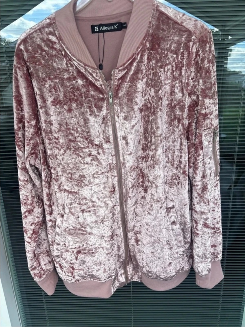 Allegra K Pink Crushed Velvet Bomber Jacket